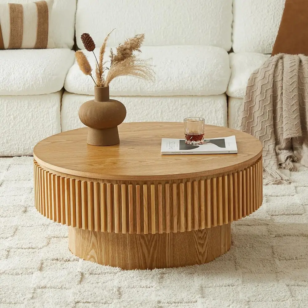 

Round Coffee Table for Living Room, Luted Drum Accent Table with Storage, Ideal for Small Spaces (31.5 L x 31.5 W x 14 H - Natur