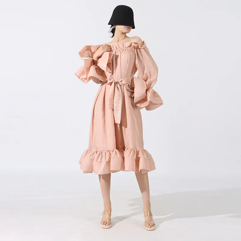 

Fashion Slash Neck Long Dresses Spring Women Flare Sleeve Lace Up Loose Dress Autumn High Waist Solid A Line Knee Length Dress