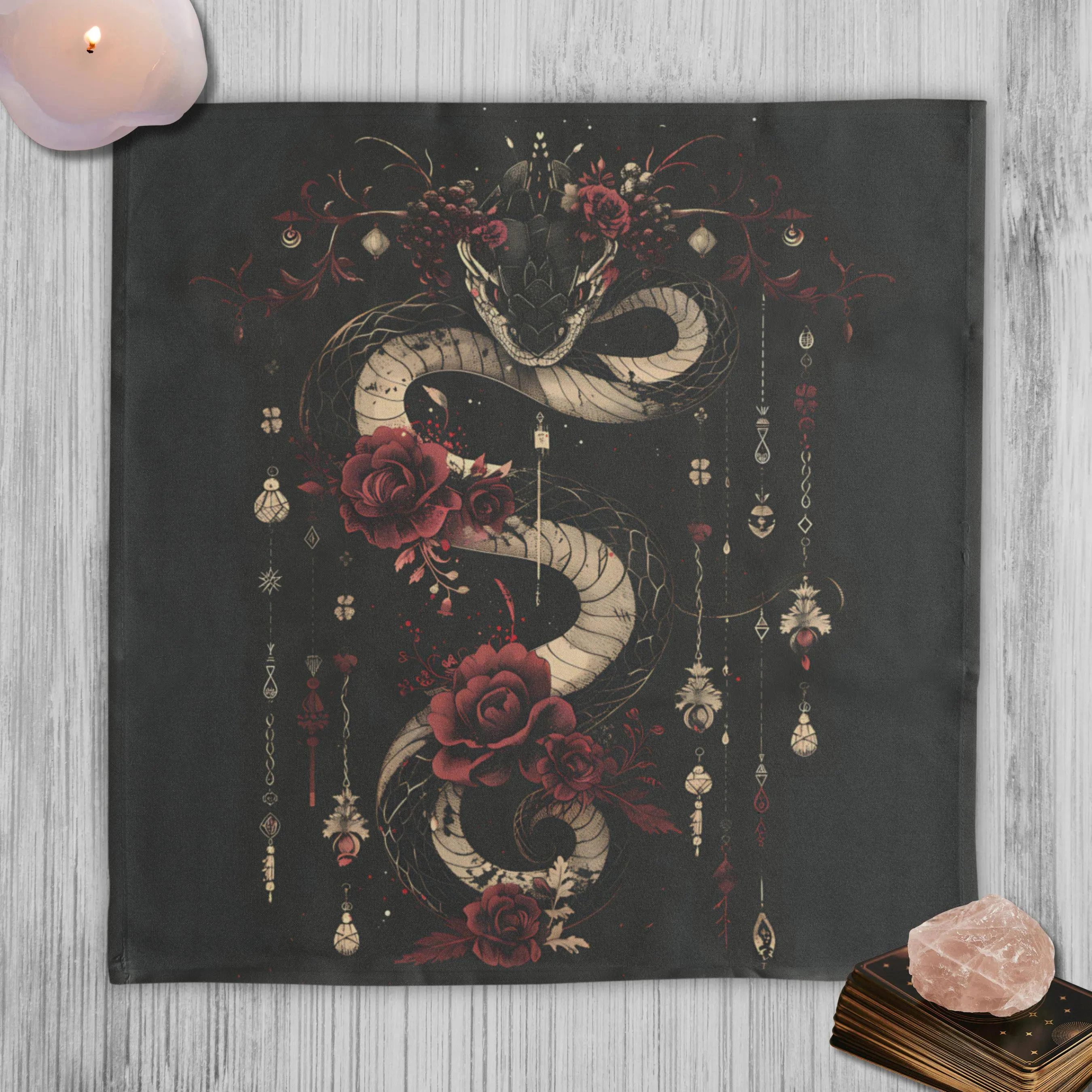 VIKAMA Dark Gothic Snake and Rose Tablecloth Mysterious Witch Style Tarot Ceremony Cloth Atmosphere Tarot Card Tablecloth