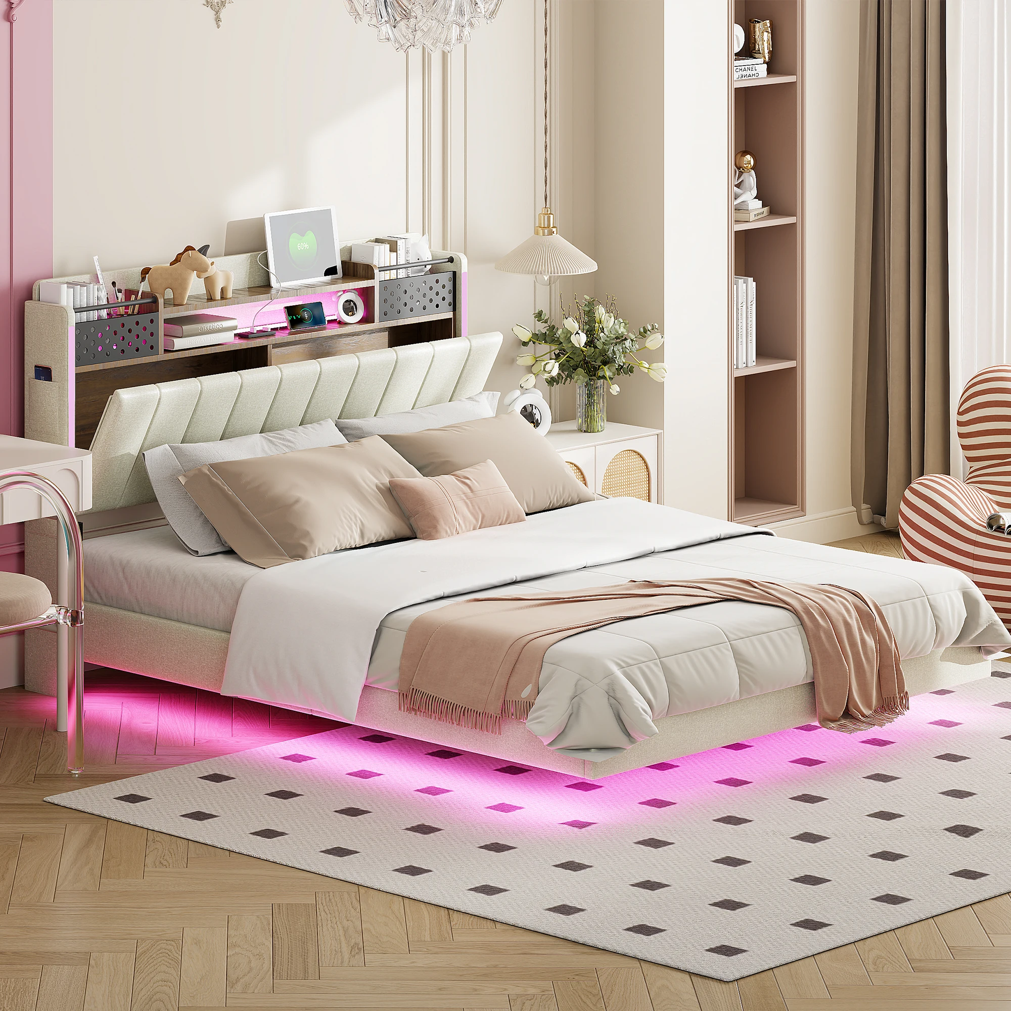 Upholstery bed 140x200 cm LED lighting USB socket headboard hover bed teen bed linen fabric beige