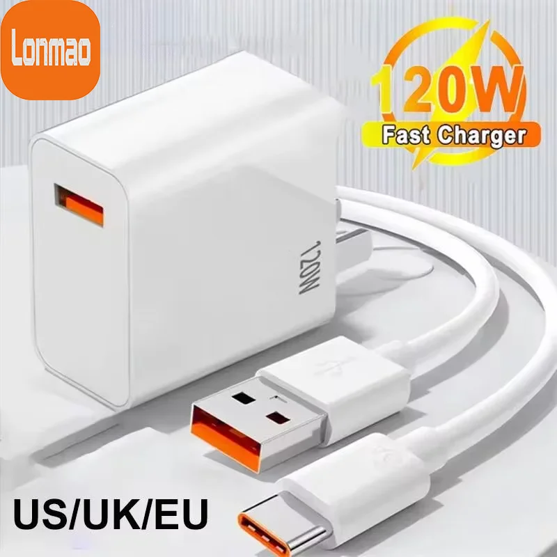 Carregador Super Rápido de 120W para Xiaomi 6A 5.0 Tipo-C USB com Cabo de Carregamento Turbo e Adaptador EU/US/UK para iPhone e Android