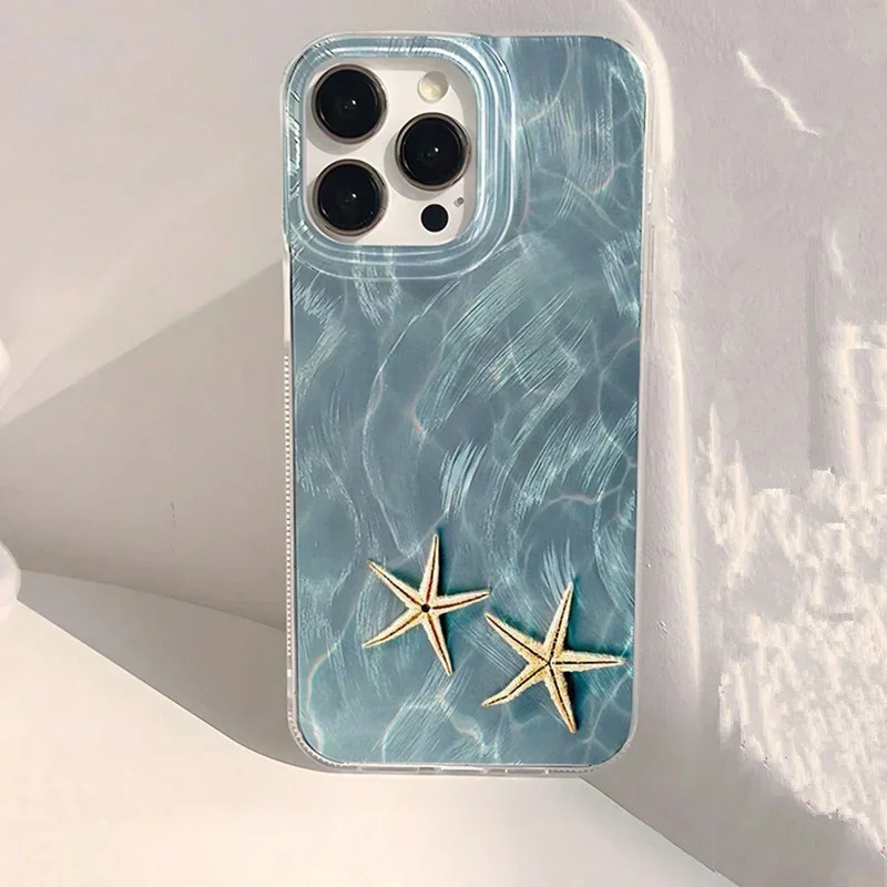 Ocean whale starfish swimming Phone Case for iPhone 16 15 14 13 12 11 Pro Max X Xs XR XSMax 8 7 6 6s Plus Feather Texture Back