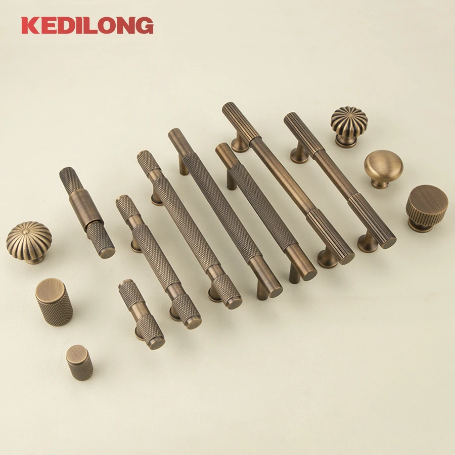 KEDLO European retro furniture hardware long Pull handle light luxury antique solid brass kitchen cabinet T-handle drawer knob