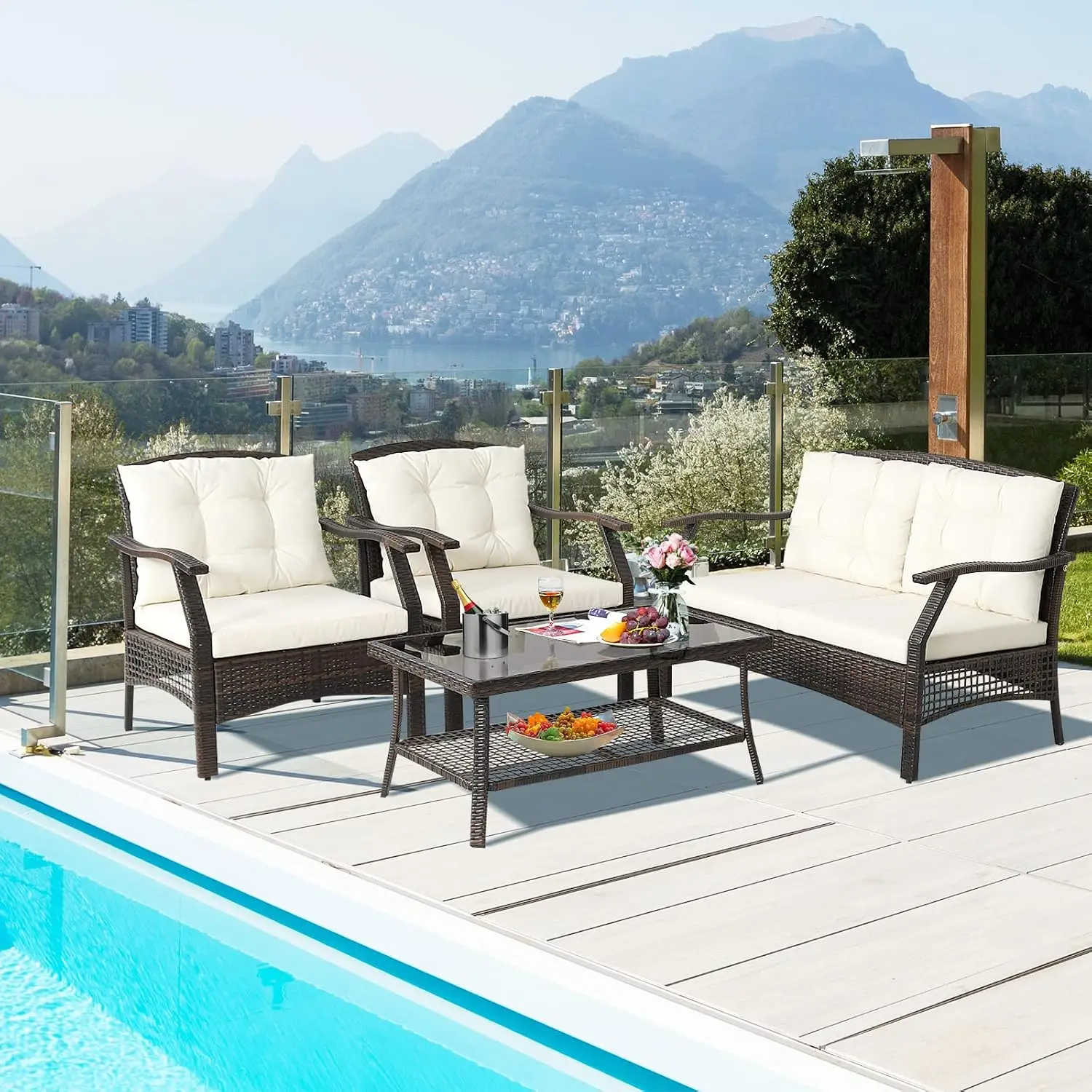 Outdoor Sofa Set 4-Piece With Protective Cover Soft Cushions Steel Frame Patio Garden Furniture, Customized