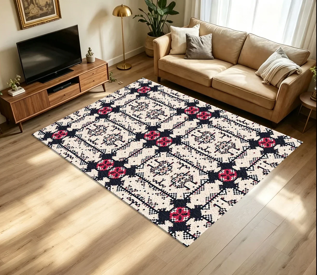 Ethnic Bohemian Pixel Carpet Flooring Retro Folk Geometric Ornament Symmetrical Repeat Art Pattern Printed Floor Rug for Househo