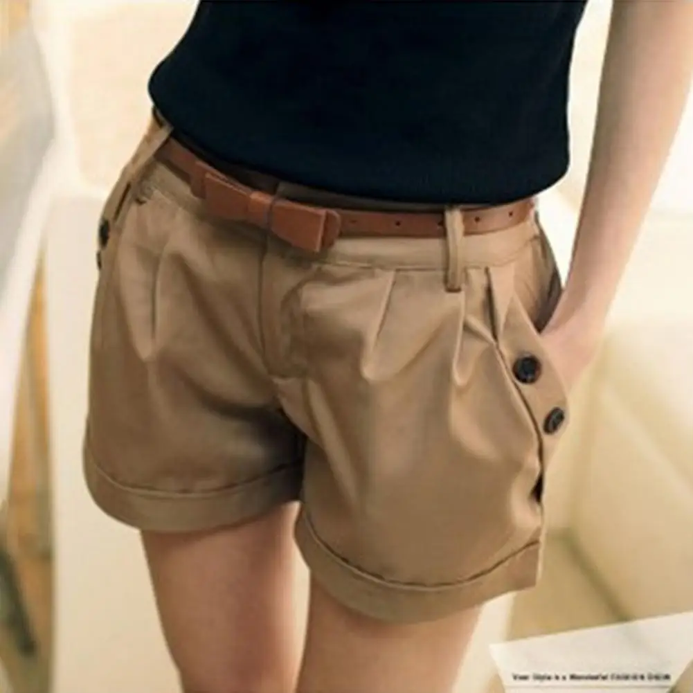 Women Summer Shorts Solid Color Straight Button Decor Daily Wear Shorts High Waist Casual Women Short Pants Female Clothes