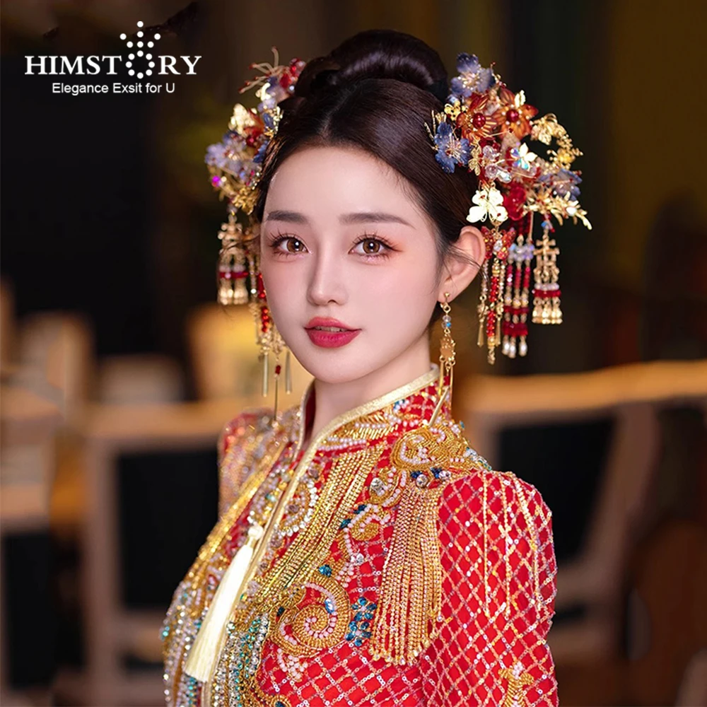 

HIMSTORY Ретро китайские свадебные головные уборы Hanfu Роскошные Кристаллы Феникс древнее платье свадебные аксессуары для волос Xiuhe