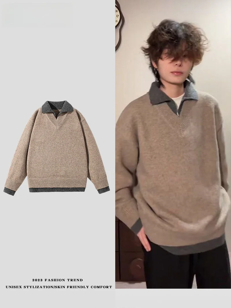 

Американский ретро-свитер с V-образным вырезом, вязаный, для пар, в стиле Old Money, свободного кроя, с длинными рукавами, зимний, молодежный, модный