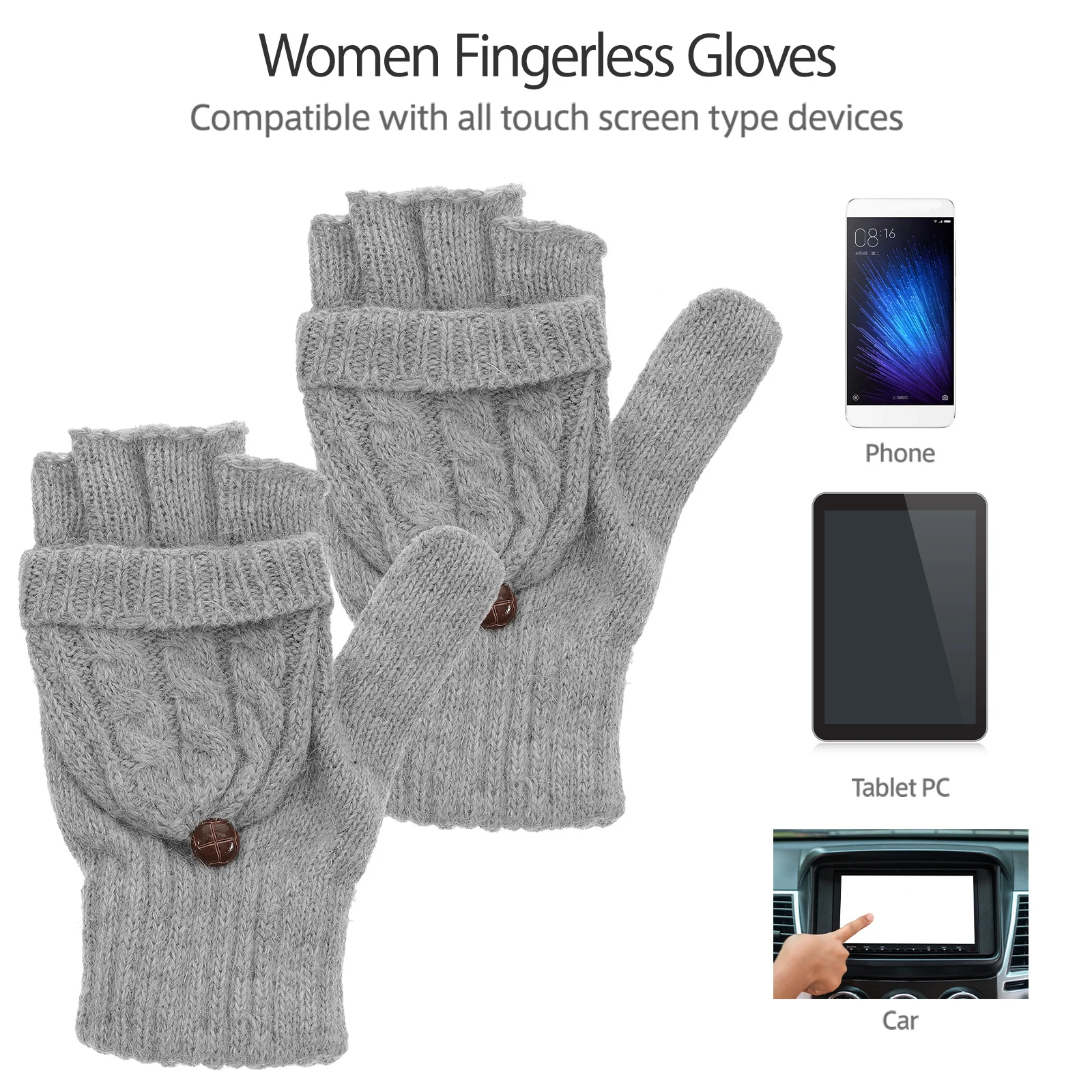 Ladies Fingerless Gloves with Mitten Winter Women Wool Mittens Thermal Knitted Convertible Cover