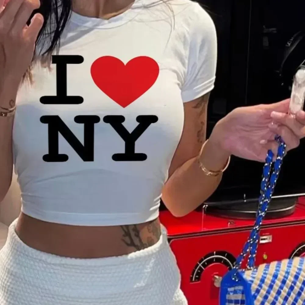 Tops cortos I love NY 2000s ropa de calle Harajuku para mujer camiseta de manga corta Y2K con estampado de letras a la moda