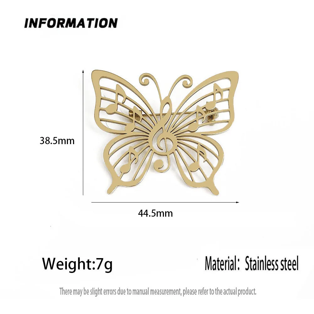 316L Stainless Steel Plated 18K Gold Music Note Butterfly Hollow Brooch Lapel Pin Music Lover Suit Backpack Women Jewelry Gift - view 2