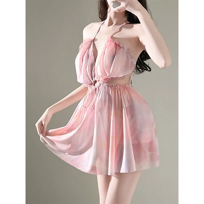 sexy kpop ruffles hollow out swimsuits one piece backless tie mini dress culottes bikini padded swimwear tankini biquini - view 2