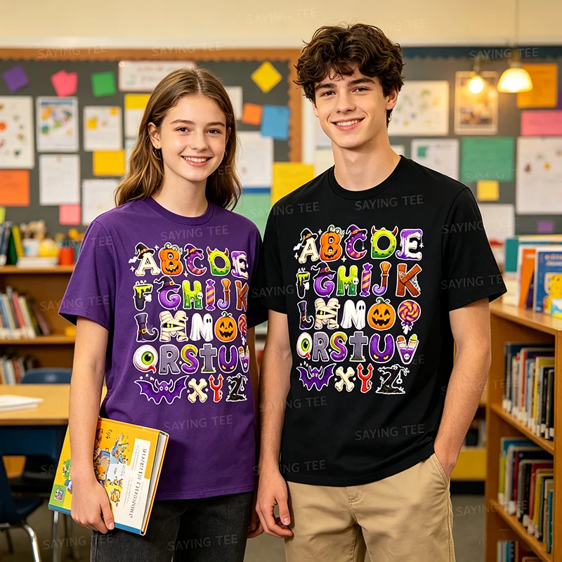 ABCs Learning Students Teachers Funny Halloween Alphabet T-Shirt Y2k Cute Learn ABCs Alphabet Graphic Saying Tee Schoolwear Gift