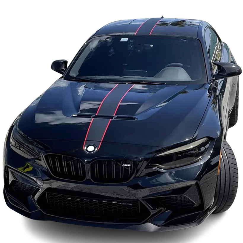 Sport Hood Sticker Scoop Decal Roof with Rear Stripe line Vinyl Stickers Wrap Wraping Matte Black with Red Blackout for BMW M2