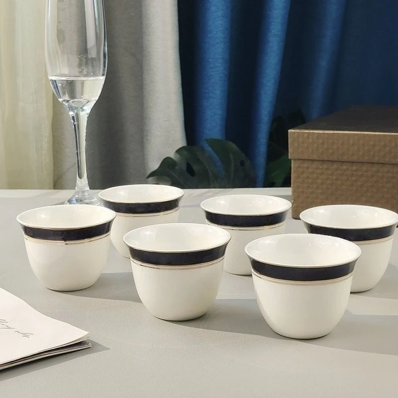 

European Style Luxury Simple Ceramic Six Small Tea Cups Gold Rim Living Room Office