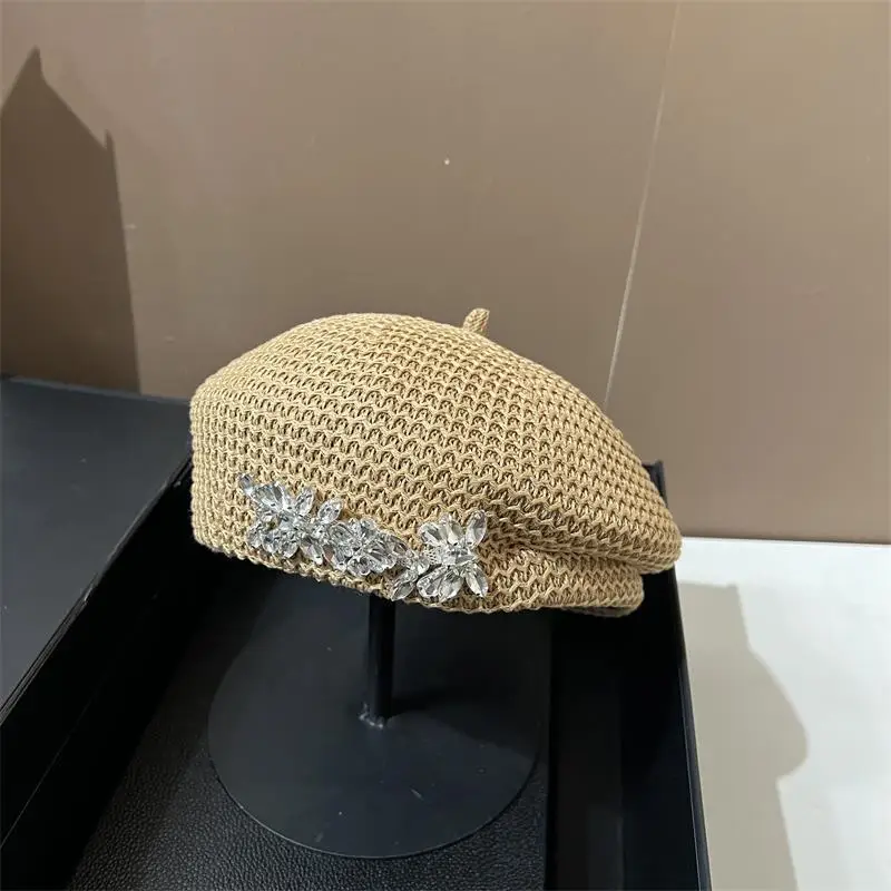 Summer bonnet breathable and stylish beret rhinestone designer French cotton polyester small artist fashion hat octagonal hat