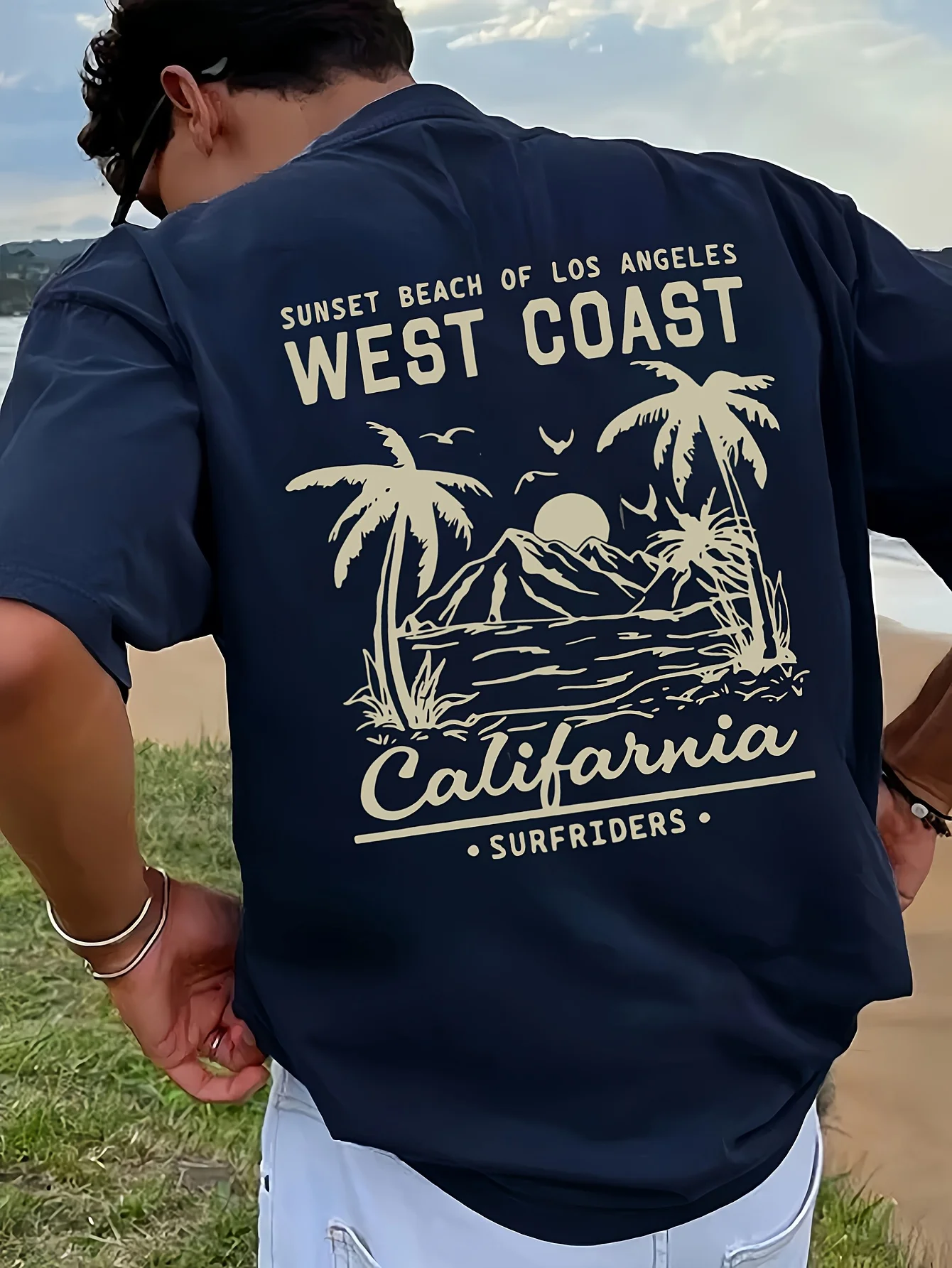 Pop Men's 100% Pure Cotton Casual Loose Retro California Beach Surfing Pattern Printed Round Neck Short Sleeved T-shirt Top