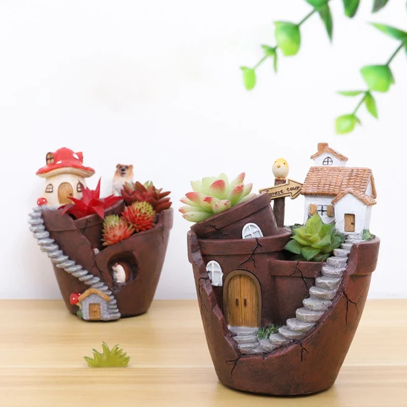 Retro Farmhouse Flower Pot for Succulents Plants, Decorative Planter Mini Bonsai Flowerpot Fairy Garden Home Desktop Decoration