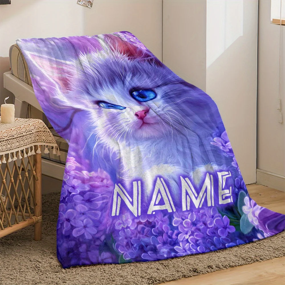 1 قطعة بطانية اسم مخصص مع القطط لطيف طباعة نمط جميع المواسم المنزل لينة مريحة الفانيلا بطانية غرفة نوم مدرب ديكور #2