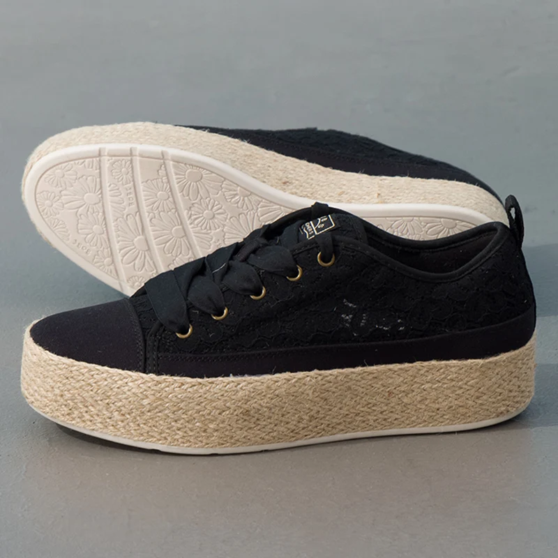 Skechers Women's Sports Shoes Bobs Sesame Breathable Lace Canvas Shoes Thick-Soled Casual Shoes 114008-Blk