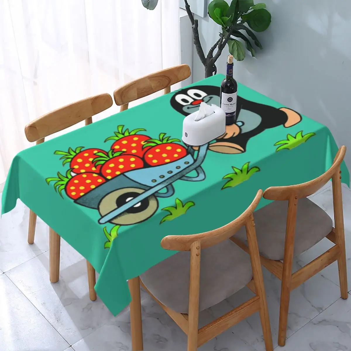 Rectangular Waterproof Krtek Mole Table Cover Fitted Cartoon Krtek Little Maulwurf Table Cloth Backed Edge Tablecloth for Picnic