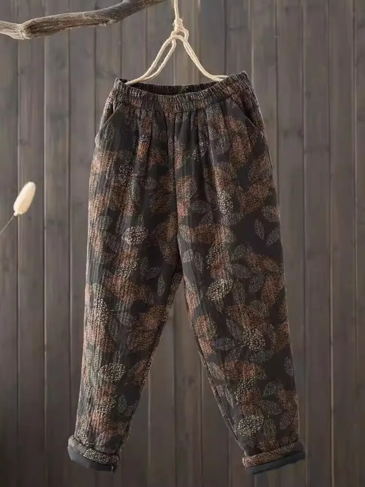 Pantalones acolchados de algodón para mujer, pantalón grueso y cálido con estampado Floral, estilo Harem Vintage, invierno, 2024