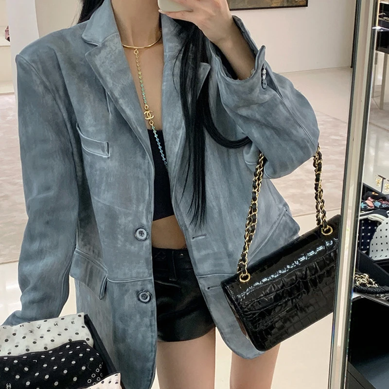 2024 New Genuine Leather Jacket Fashion Blue Wipe Color Women Loose Full Sleeve Lapel Collar First Layer Sheepskin Blazer Jacket