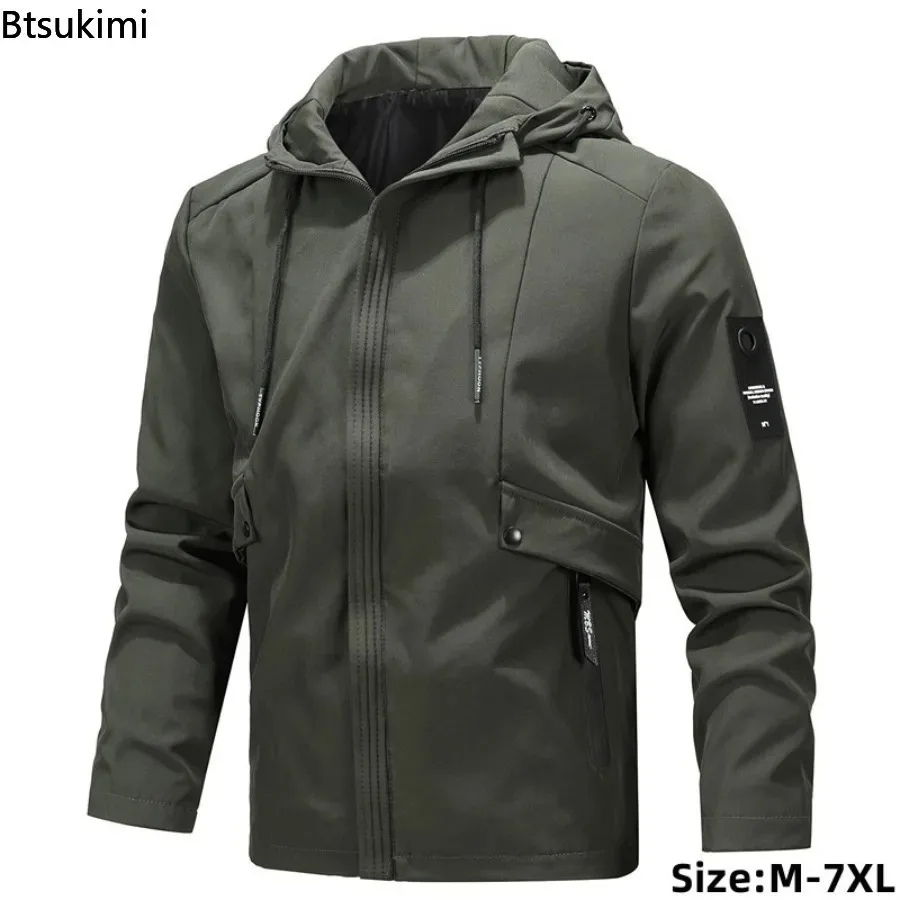 2025 Spring Autumn Men's Hooded Pocket Jackets Outdoor Sports Casual Waterproof Coats Men Hiking Camping Windbreaker Jackets 7XL