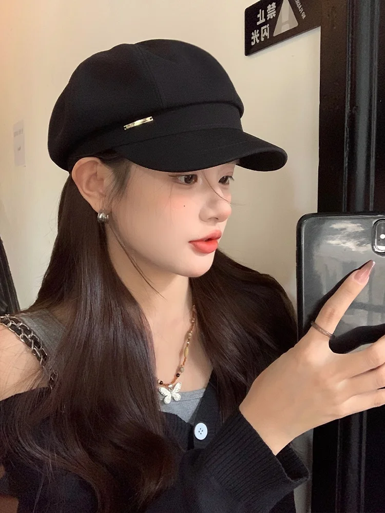 Retro Black Beret Hat Women's Autumn Winter Fashion Large Head Size Face Slimming Newsboy Cap Internet Famous Octagonal Paint...