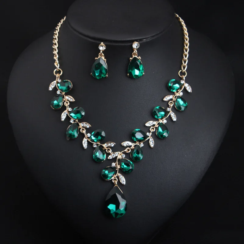 e-commerce explosion, European and American crystal gemstone leaf necklace earrings set fashion women's accessories