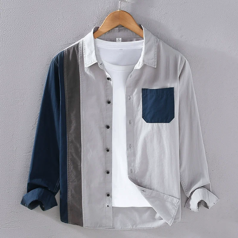 Color Block Patchwork Shirts For Men Long Sleeve Loose Fit Lapel Summer High-Quality Cotton 100% Skin-Friendly Camisas De Hombre