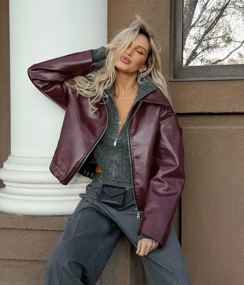 Vintage Motorcycle Style Wine Red Leather Jacket Women\'s Autumn Handsome Matte Streetwear Leather Jacket Jacket Women\'s Clothing