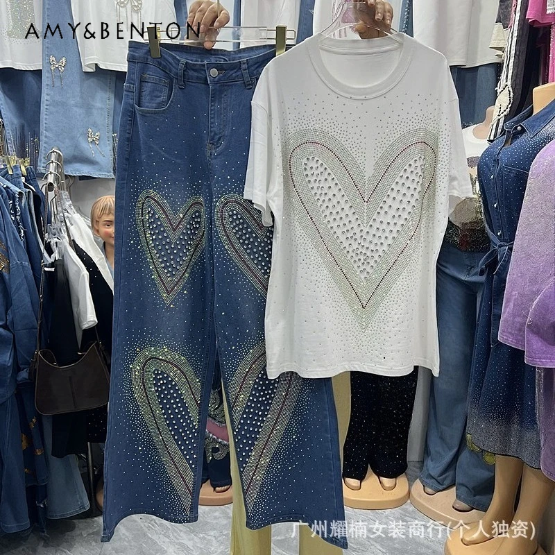 

Diamond Drills Hotfix Rhinestone Heart Print Oversized Short Sleeved T-shirt Top + Blue High-waisted Wide Leg Denim Pants Outfit