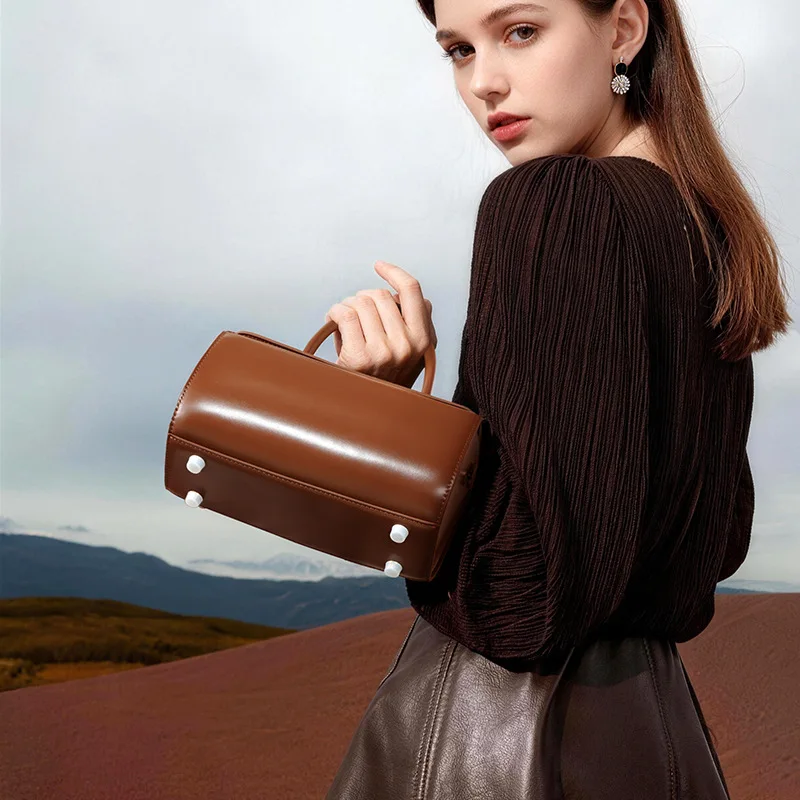 Genuine Leather Women's Small Crossbody Bag Boxy Top Handle Handbag with Adjustable Shoulder Strap