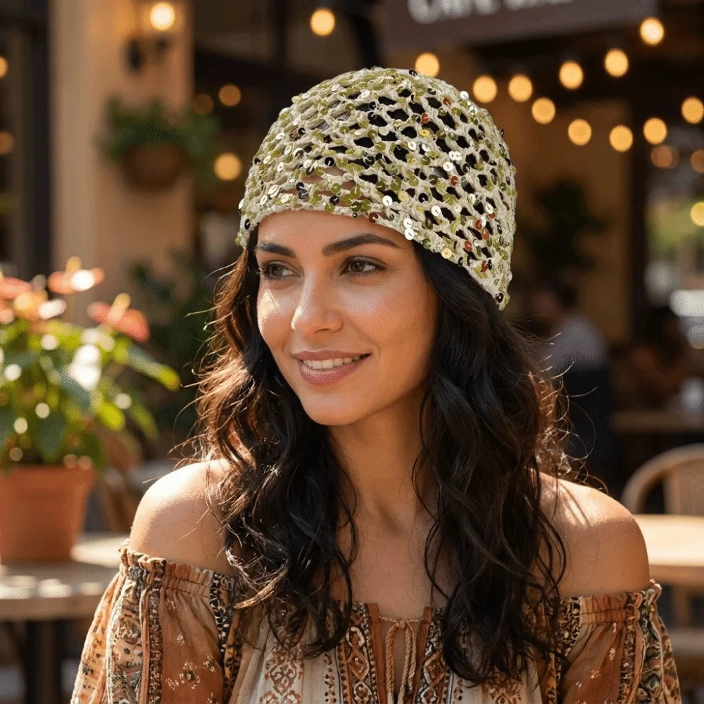 Hollow Knit Hollowed Out Beanie Hat Sequined Fringed Bohemian Style Beanies Korean Style Breathable Crochet Sequined Hat Women