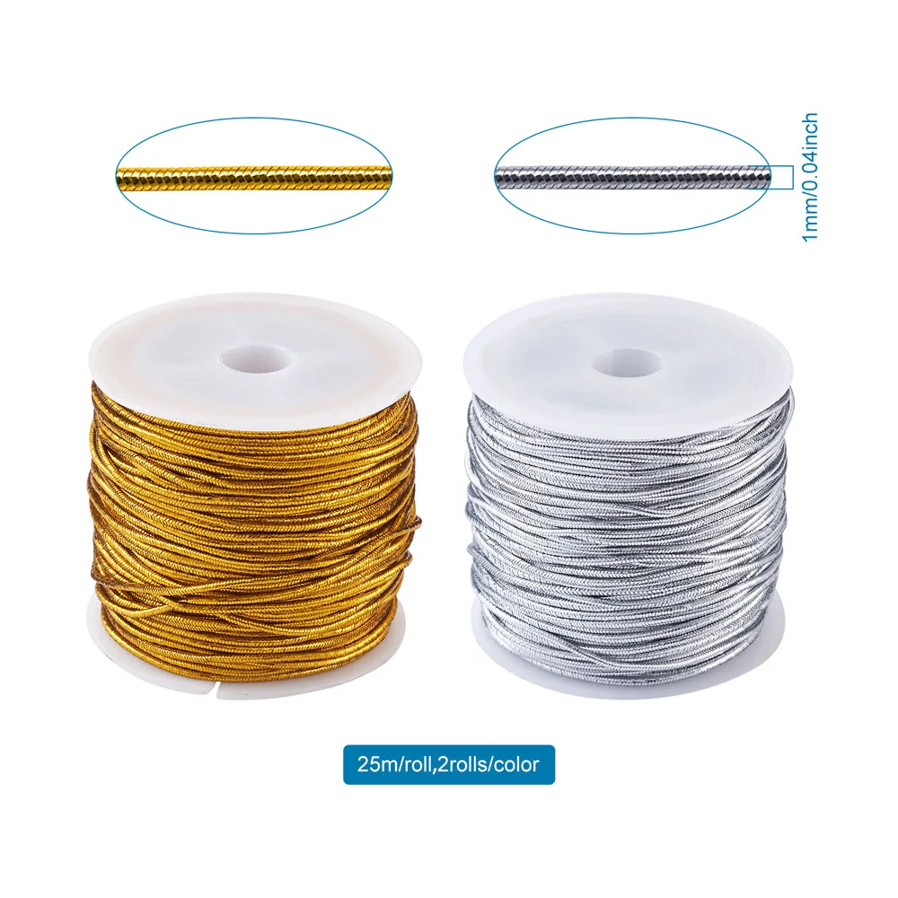 1mm Metallic Elastic Rubber Cord Golden & Silver Color Polyester Cover Thread Price Tag Rope Bracelet DIY Jewelry Craft Making