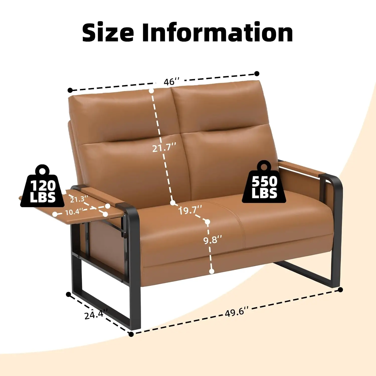 Modern Leather Loveseat with Side Tray & Pocket, Upholstered Small Sofa for Living Room Office Guest Room, Customized