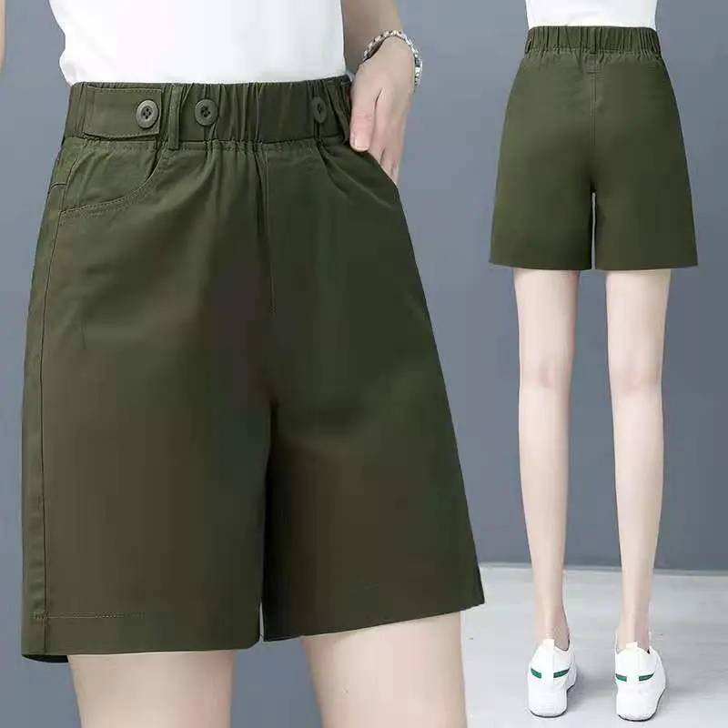 

Women's Summer Shorts High Waist Knee Length Straight Pants Office Army Green Casual Pants Women Fashion Shorts Cotton A109