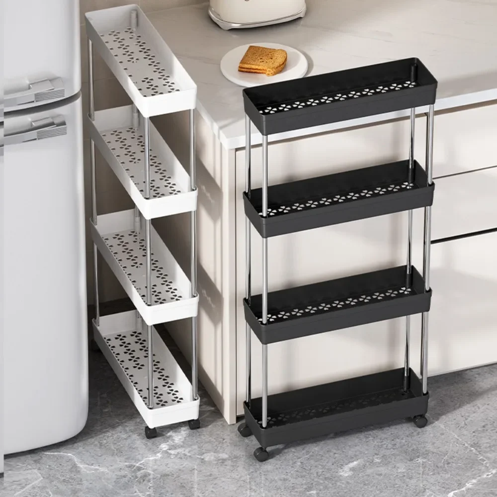 Metal Multi-level Storage Rack Narrow Space Floor Push Cart Kitchen Living Room Bathroom Organizer Set