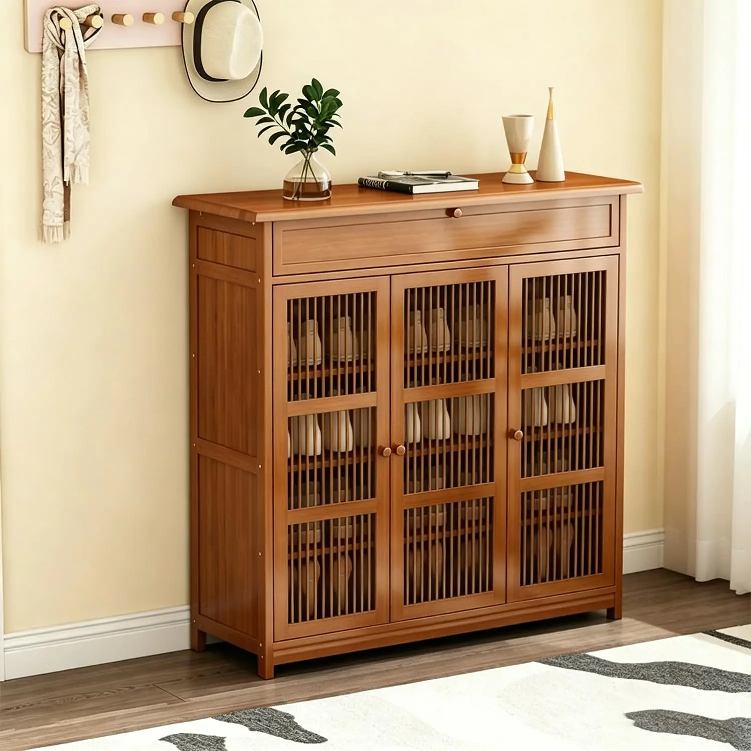 Bamboo Bamboo 4-Tier Shoe Cabinet with Drawer & Shutter Door, Large Capacity Wood Storage Rack for Entryway Hallway, Customized - Aliexpress Deal