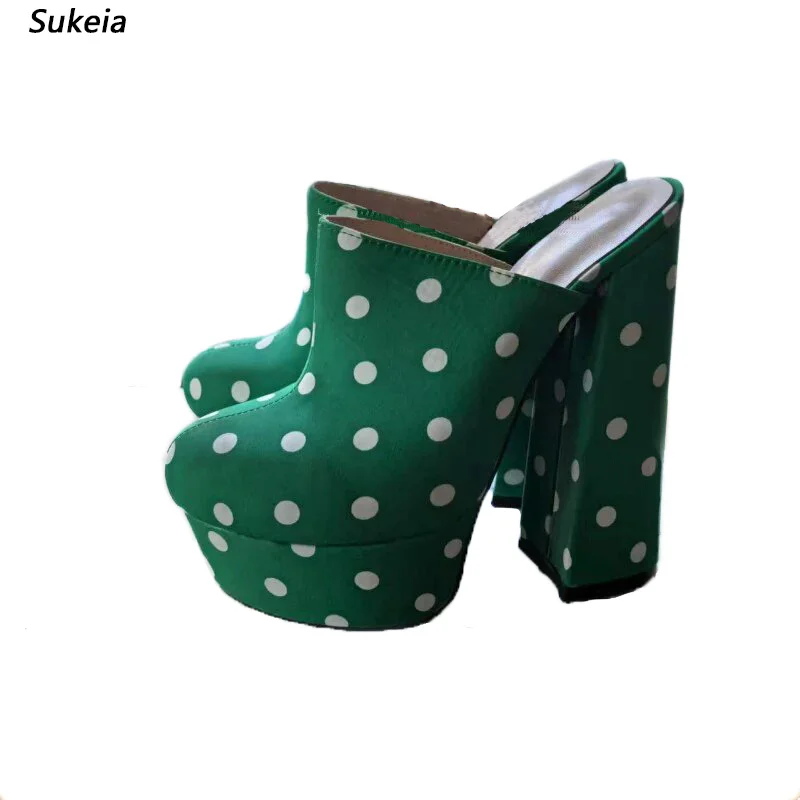 Sukeia Real Photos Women Platform Slingback Pumps Polka Dot Hoof Heels Round Toe Beautiful Green Prom Shoes US Plus Size 5-20