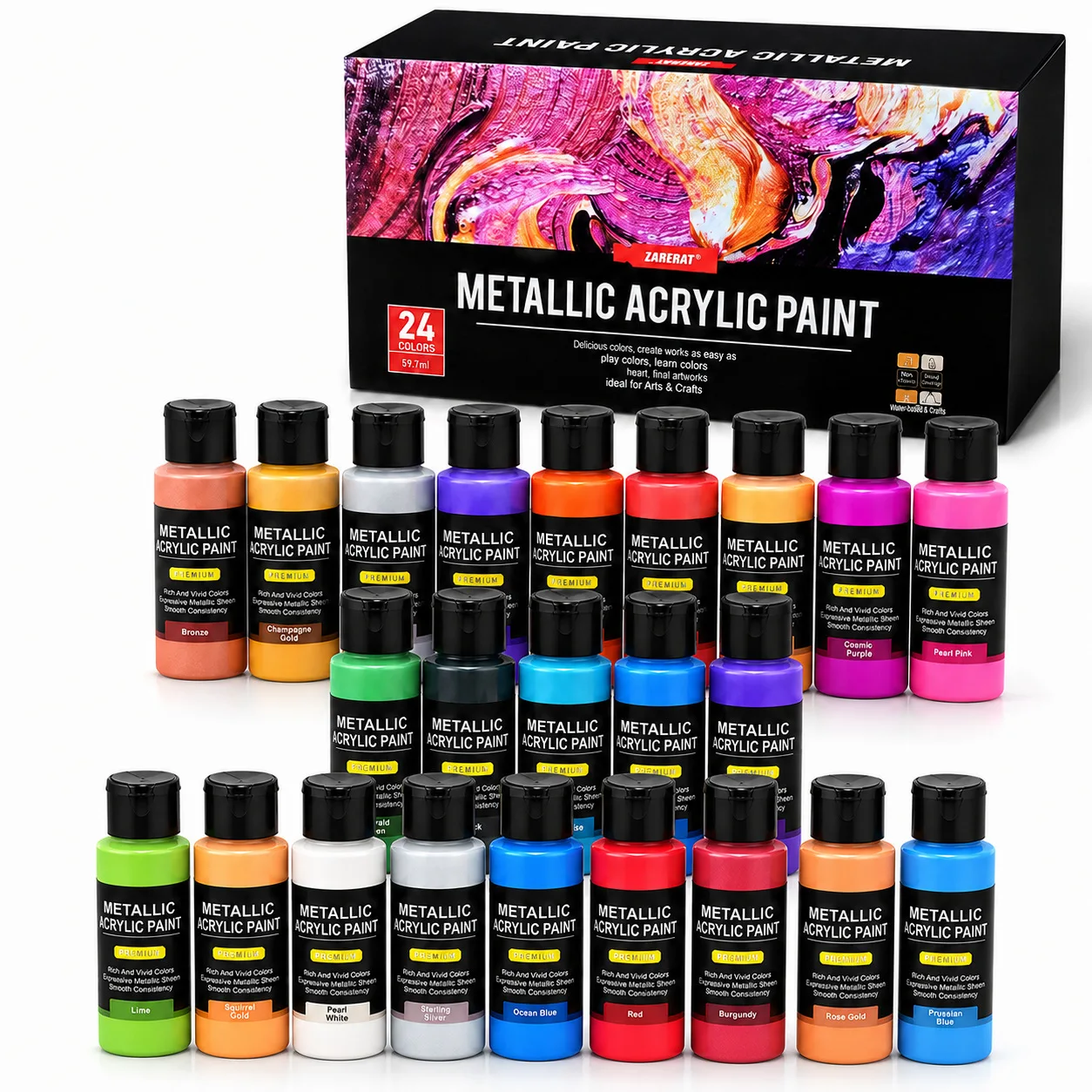 24 Colors 60ml Metallic Acrylic Paint Set Shimmer Pigment for Rock Wood Canvas Glass Fabric DIY Hand Painting Art Craft Supplies