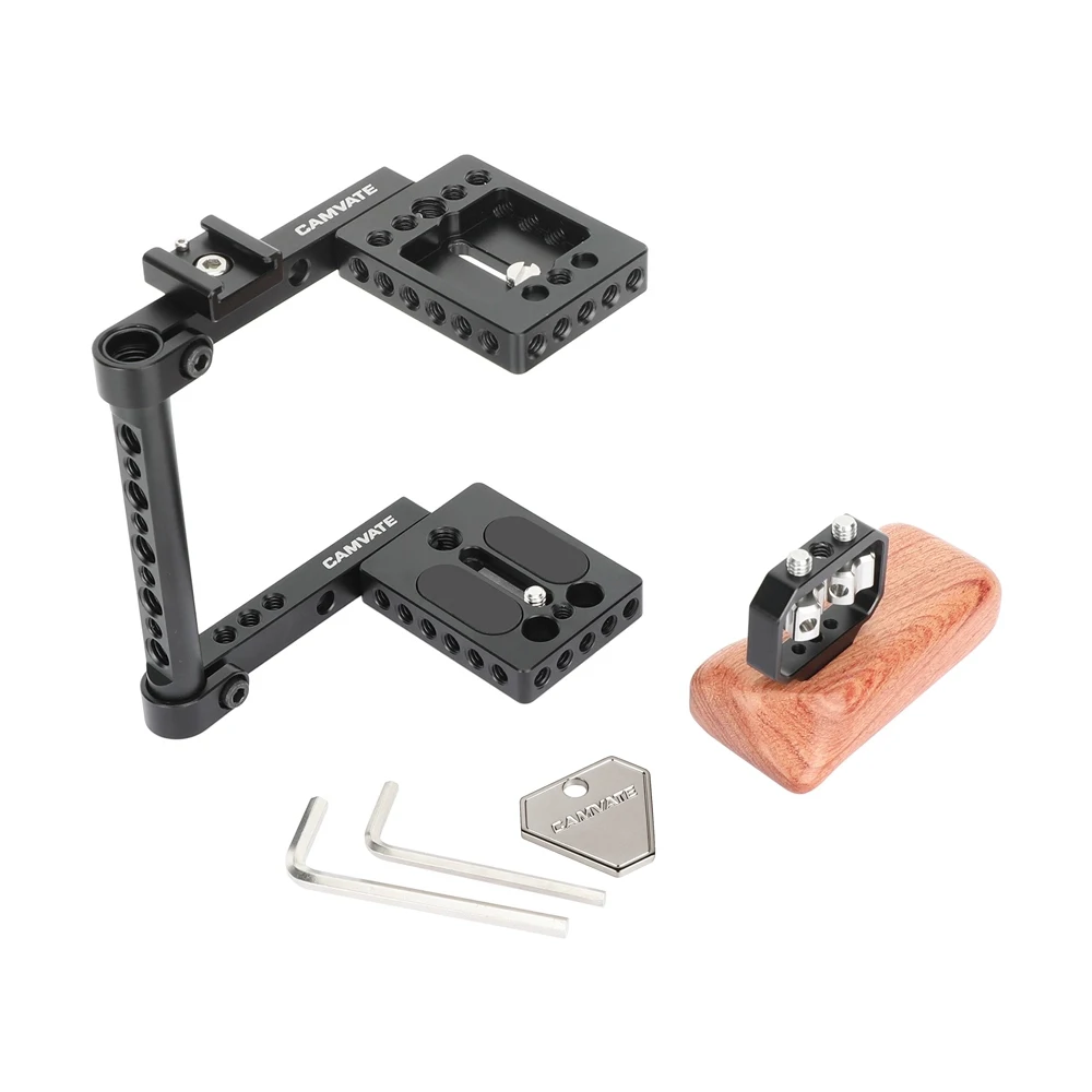 CAMVATE Camera Half Frame Cage Rig With Wooden Left-Side Handle Grip & Hot Shoe Mount Perfect For Blackmagic Pocket 4K Cameras