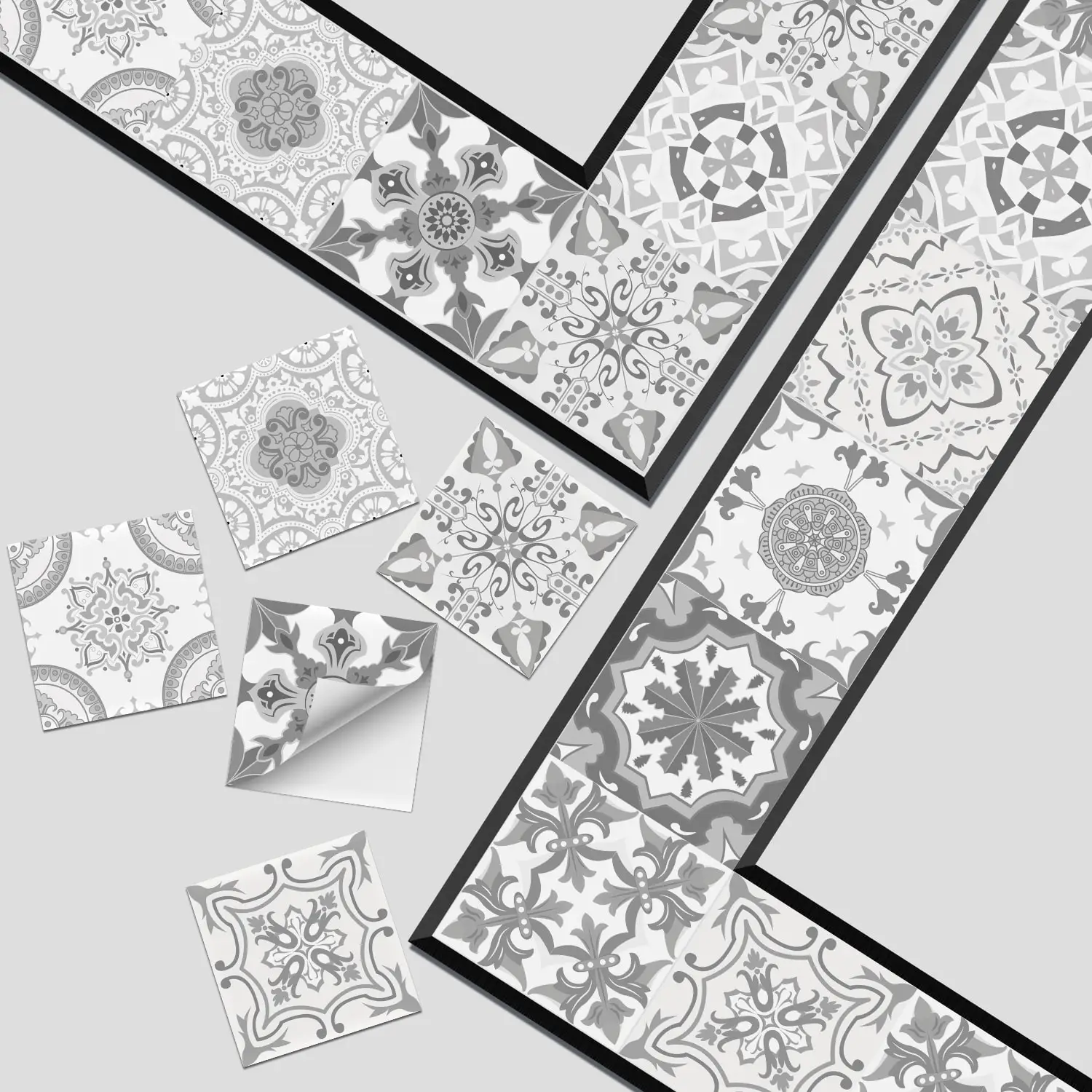 Black, White, and Gray Retro Floral Tile Wall stickers with Morandi Color Art Patterns Self-Adhesive Wall stickers