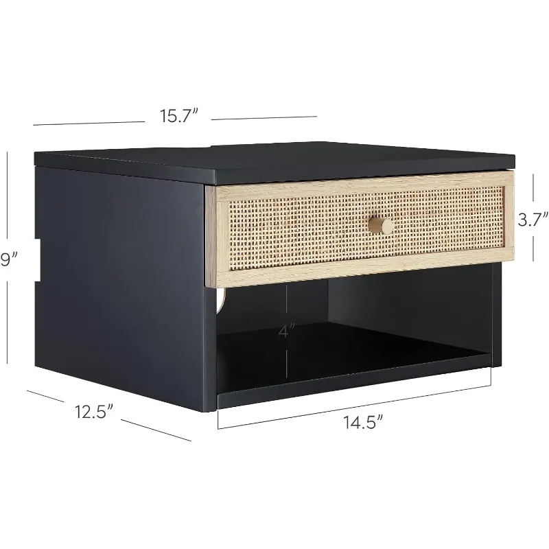 Modern flutuante cabeceira com gaveta, 1 Rattan Preto