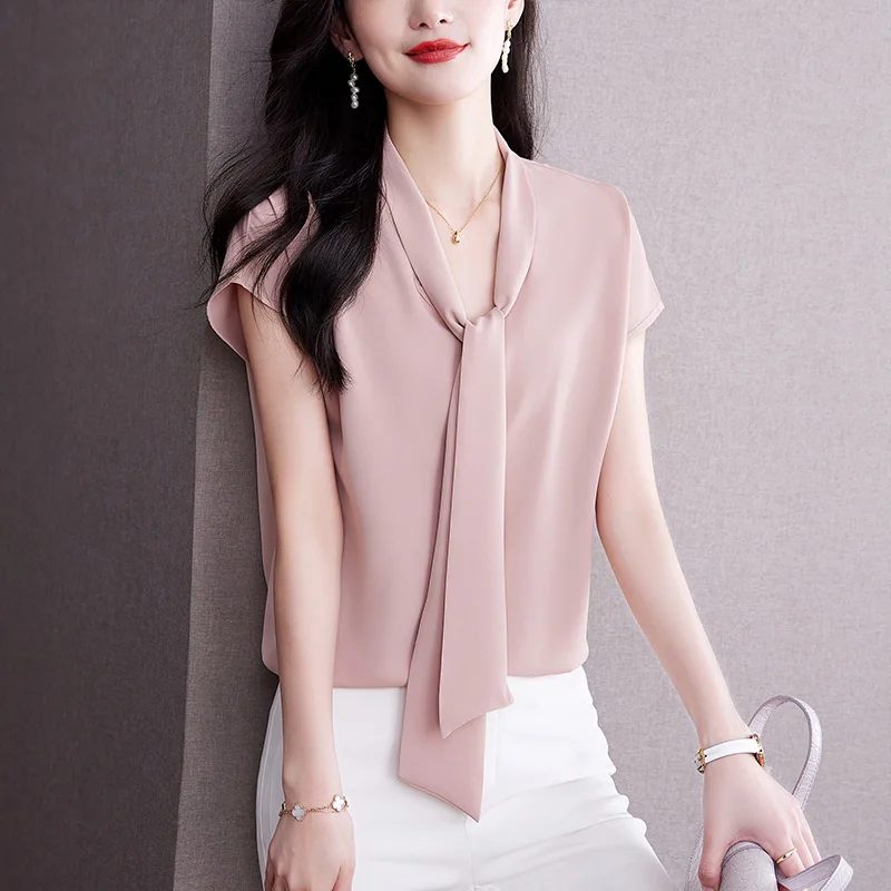 Women Korean Fashion Bow Lace Up Silk Blouse Office Lady Elegant Business Casual Shirt Solid Short Sleeve Slim Tops Blusas Mujer