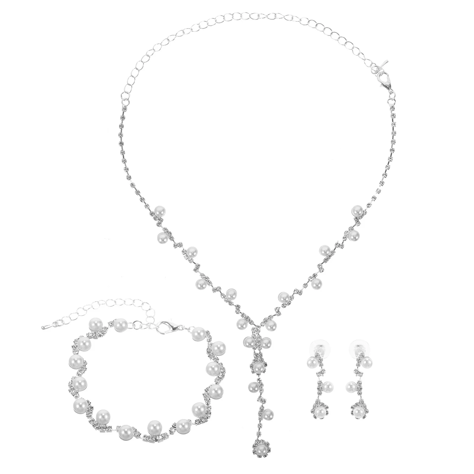 

1Set Pearl Bridal Jewelry Set Rhinestone Necklace Earrings Bracelet Elegant Wedding Party Accessories Women Jewelry