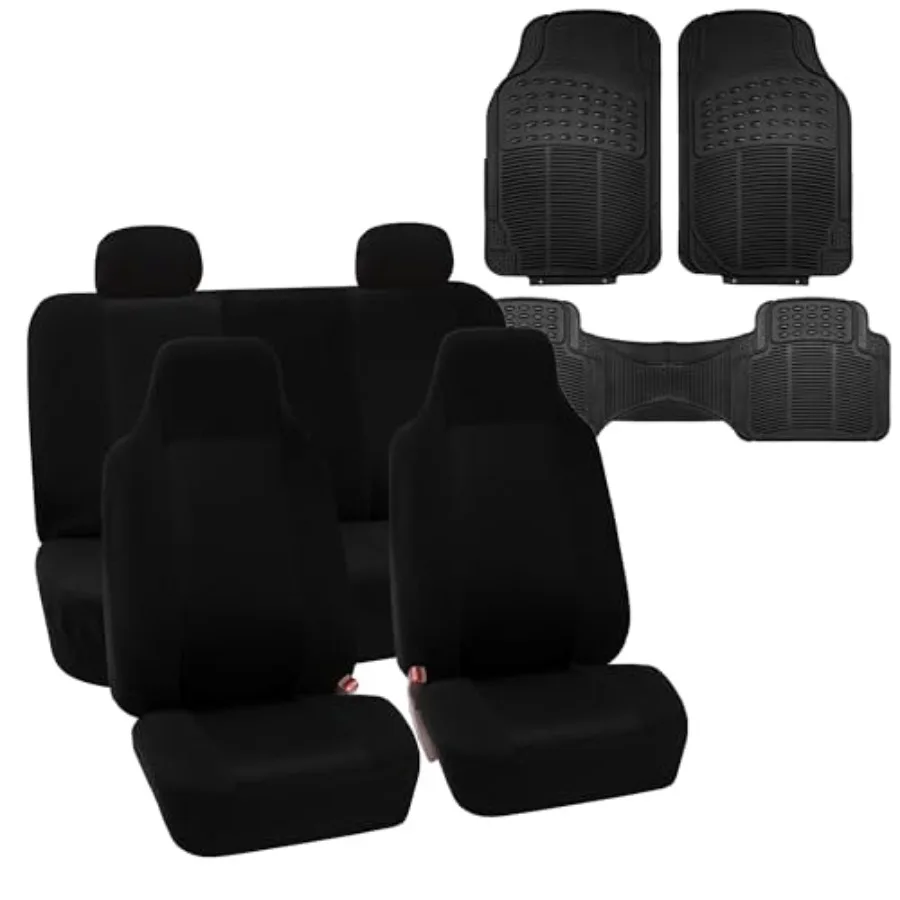 

Car seat covers for most vehicles, classic cloth material, solid black color, full set with vinyl floor mats F11306 for enhance