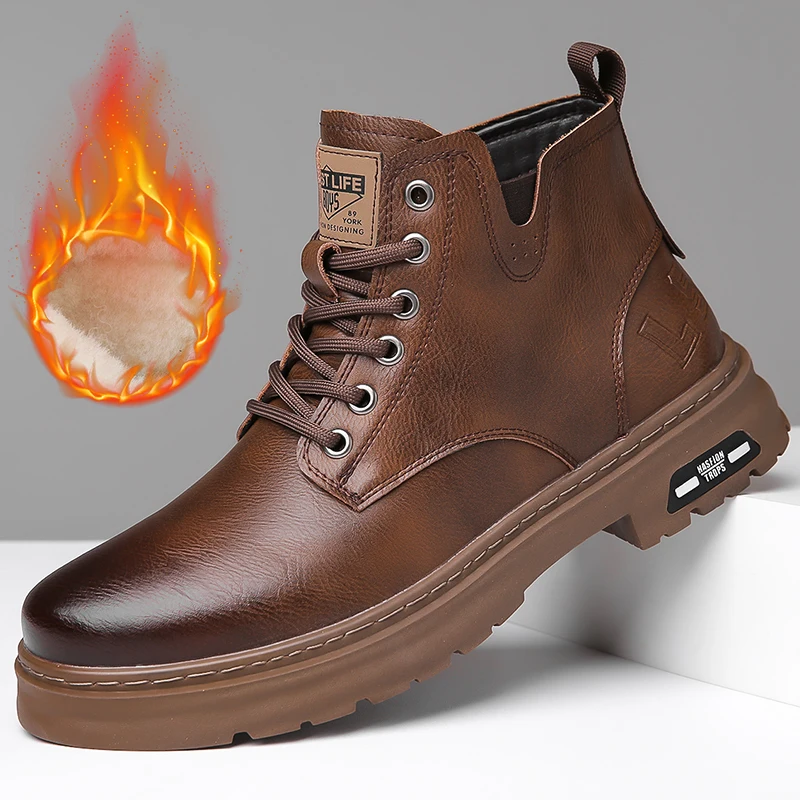 

Mens Snow Boots Warm Plush Flat Non-slip Brand Male Ankle Boots Black Brown Fashion Winter Genuine Leather Shoes