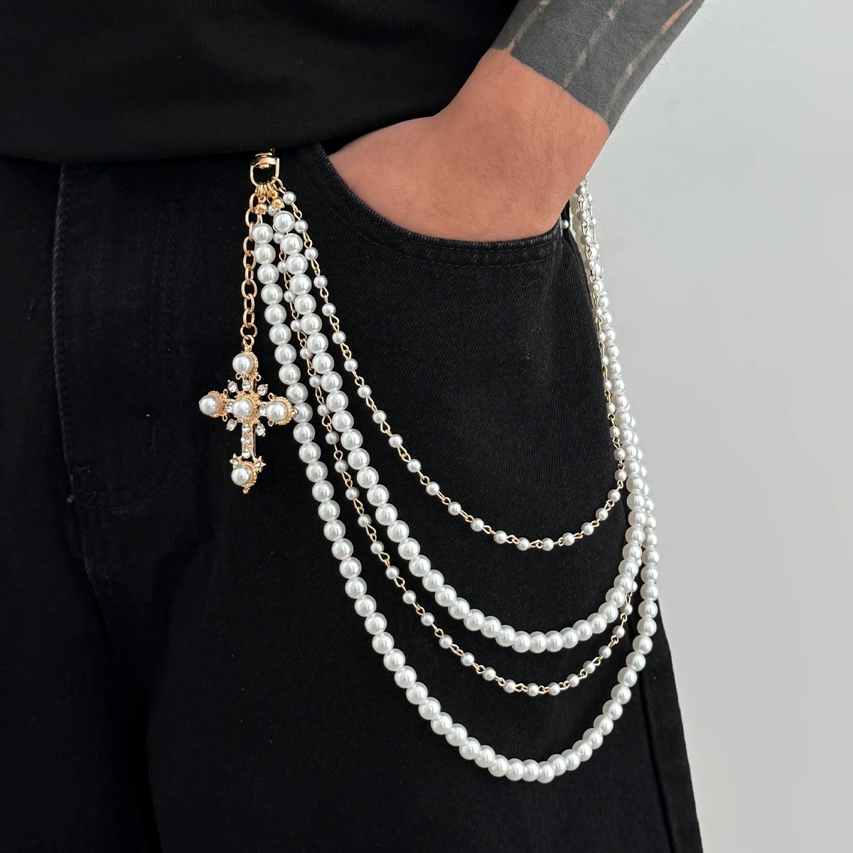 SHIXIN Exquisite Multi Layer Imitation Pearl Keychain Jeans Pants Chain Men Hip Hop Punk Jesus Cross Pendant Wallet Belt Chain